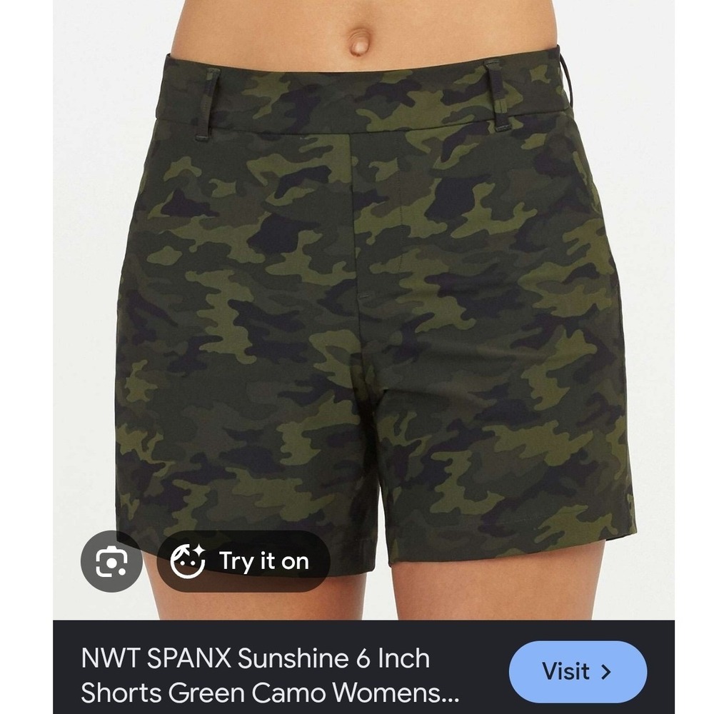 NWT Spanx Womens‎ Sunshine 6 Inch Shorts Green Camouflage Sz L Athleisure